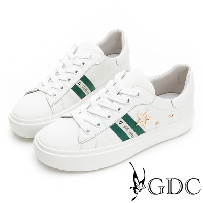GDC-歐美時尚輕流行星星釦撞色真皮厚底綁帶休閒鞋-白色