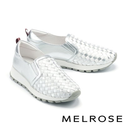 休閒鞋 MELROSE 美樂斯 率性潮感編織造型全真皮厚底休閒鞋－銀