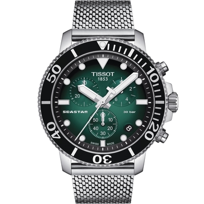 (送原廠錶帶)TISSOT 天梭 官方授權 Seastar 海星300米潛水石英錶-鋼帶款(T1204171109100)