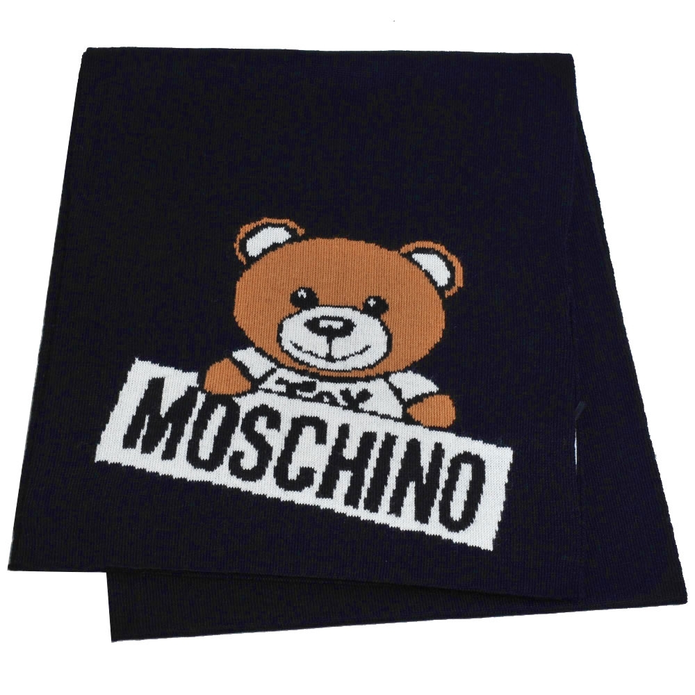 MOSCHINO 義大利製小熊字母LOGO圖騰混羊毛圍巾(深藍)