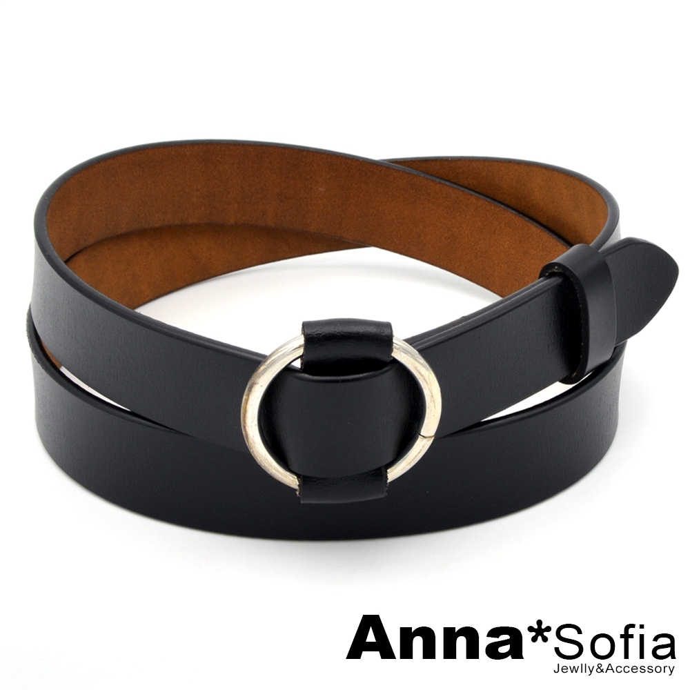 AnnaSofia 圓釦穿繞無針式 二層牛皮腰帶皮帶(酷黑)