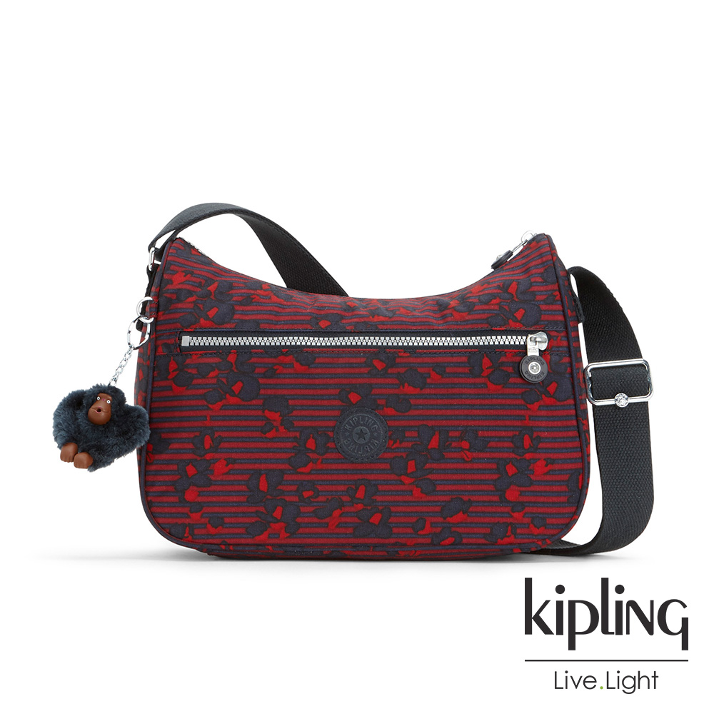 Kipling 高雅紅花條紋拉鍊側背包-SALLY