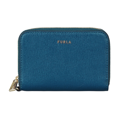 FURLA Babylon金字LOGO防刮牛皮2卡拉鍊錢包(孔雀藍x芭蕾粉)