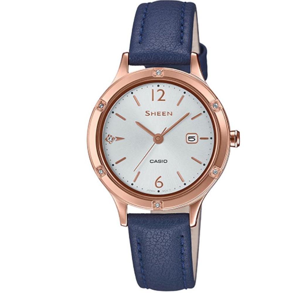 SHEEN 簡約動人藍寶石玻璃設計皮帶腕錶-藍(SHE-4533PGL-7B)/36.7