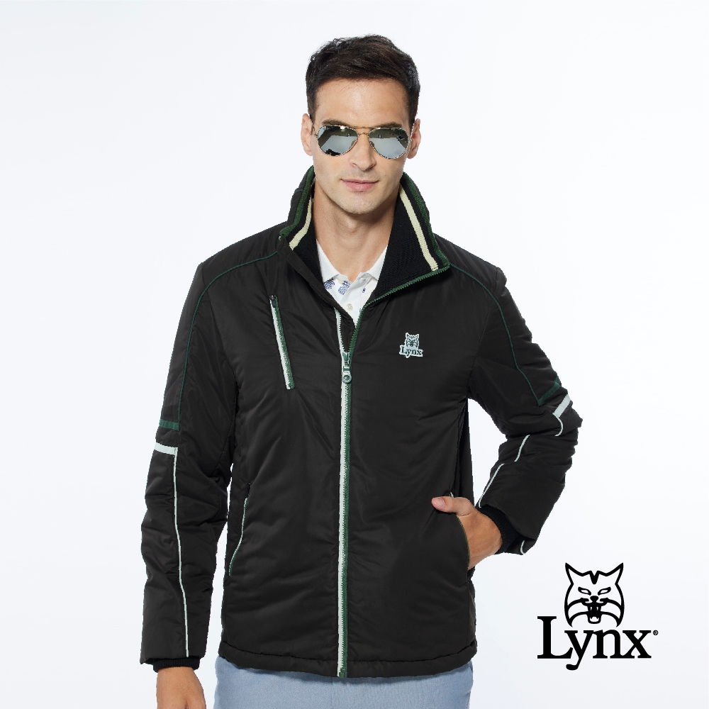【Lynx Golf】男款保暖防風鋪棉兩袖配色拉線設計胸袋款長袖立領外套-黑色