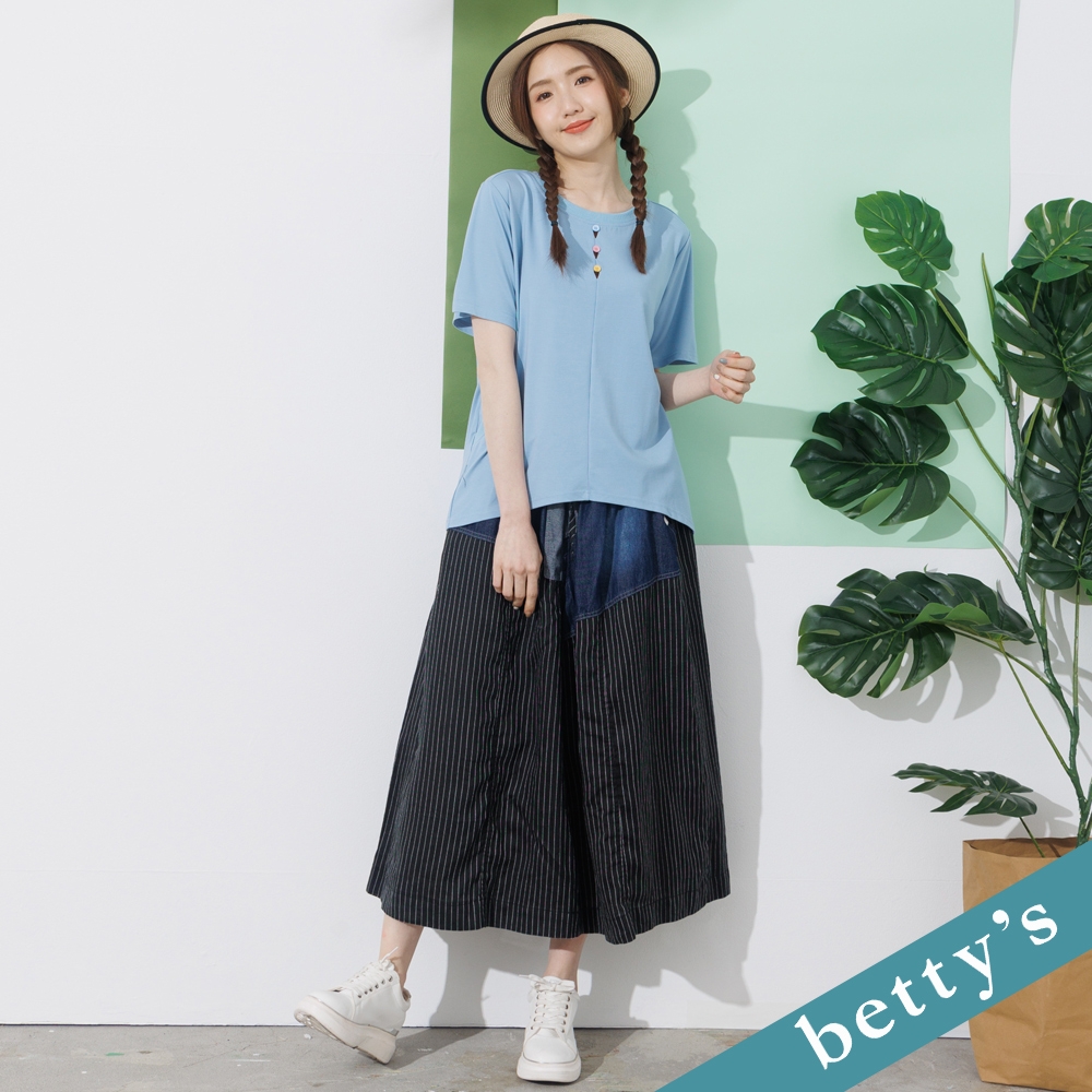 betty’s貝蒂思　鬆緊腰牛仔拼接寬褲(黑色)