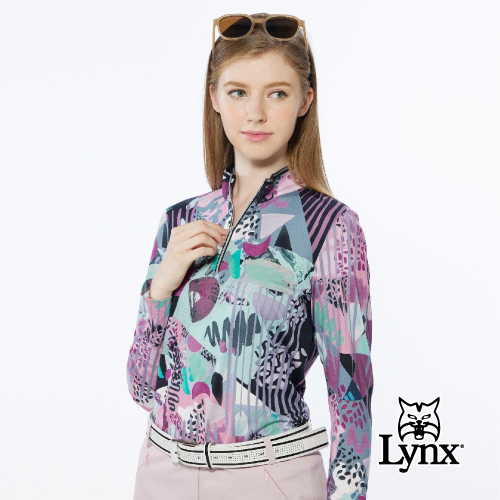 【Lynx Golf】女款進口布料領緣滾邊設計紫色花布立領長袖POLO衫-紫色