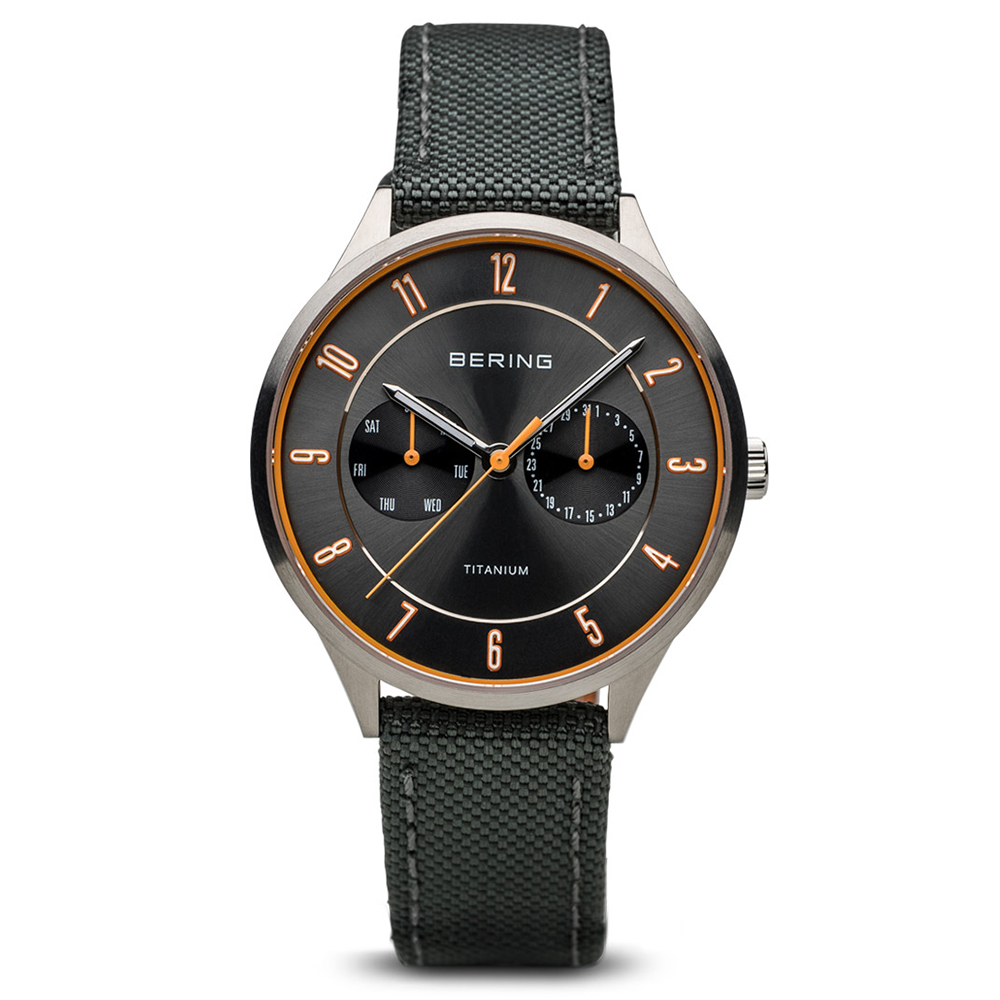 BERING丹麥精品手錶 雙眼日期顯示尼龍錶帶 灰39mm