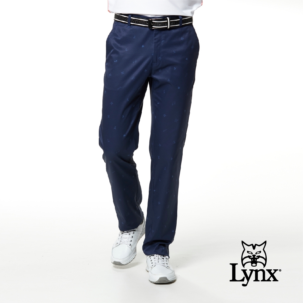 【Lynx Golf】男款吸濕排汗滿版俏皮印花平口休閒長褲-深藍色