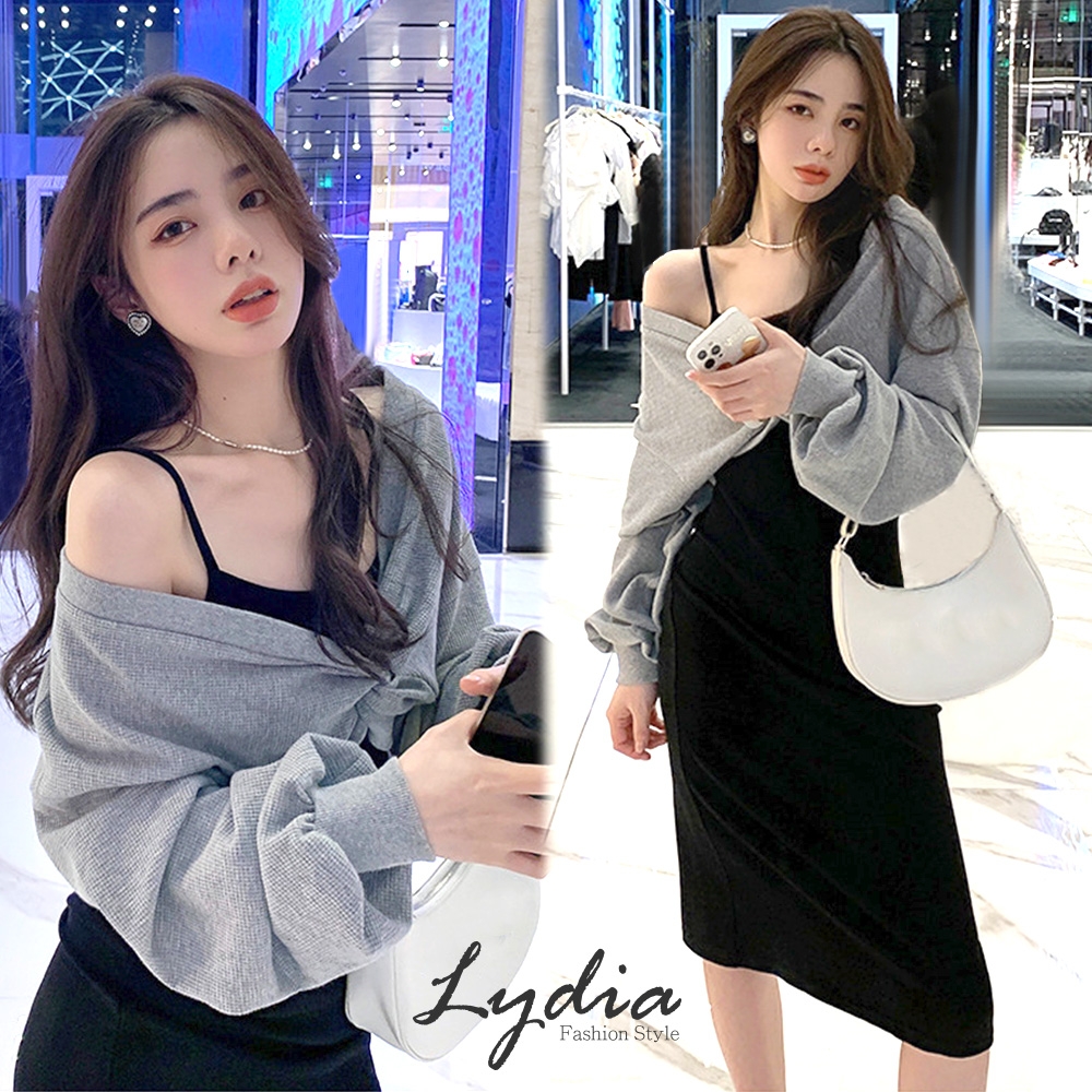 【Lydia】韓版氣質套裝-扭結罩衫+背心洋兩件套組(灰黑 F)