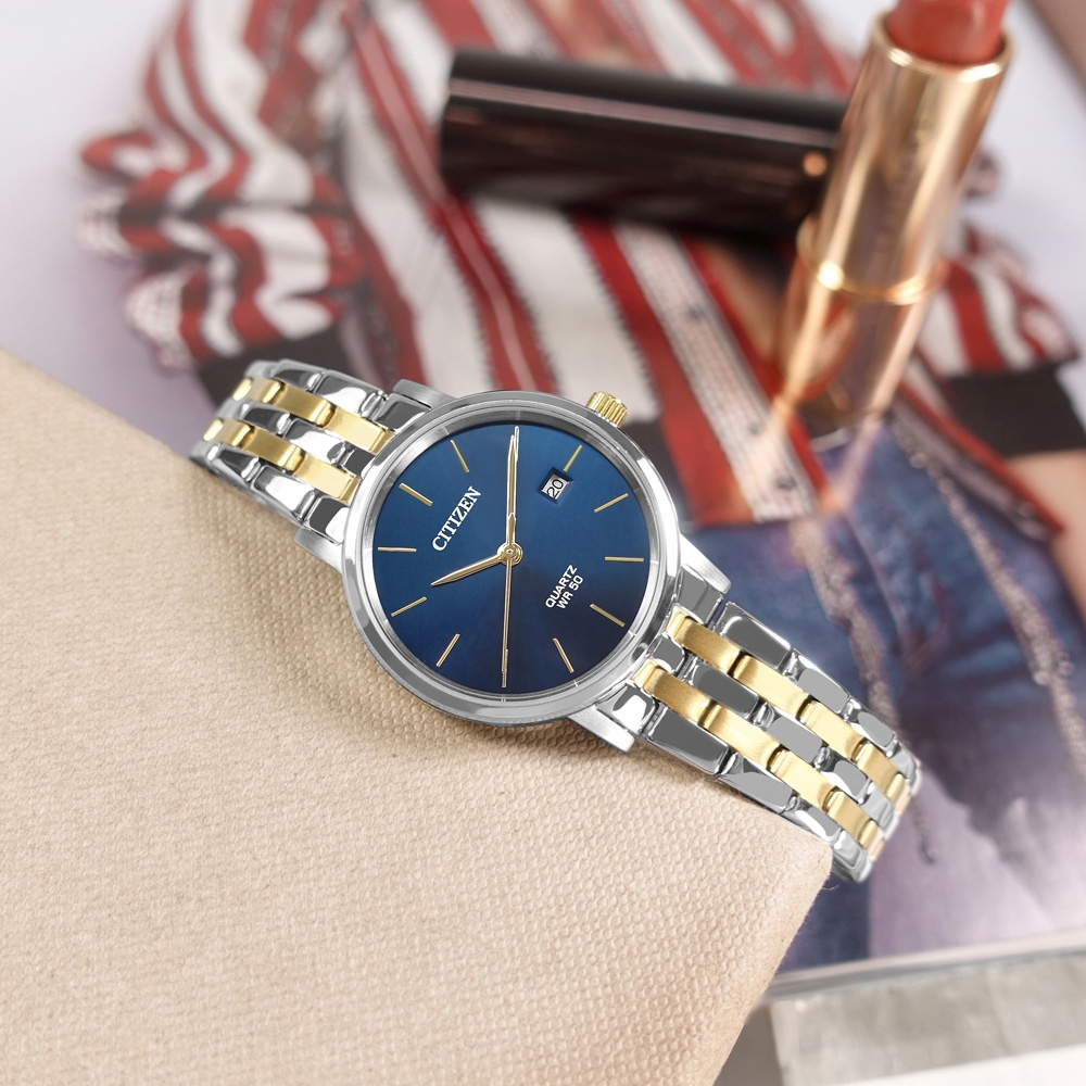 CITIZEN / 簡約優雅 礦石強化玻璃 日期 不鏽鋼手錶-藍x鍍金/28mm