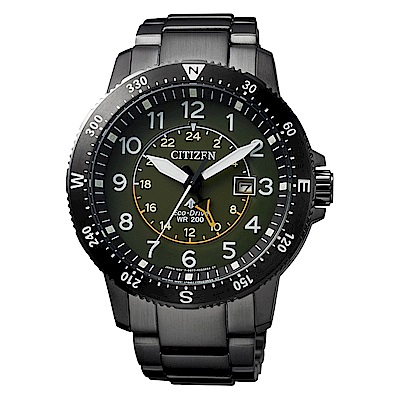 CITIZEN 星辰光動能雙時區方位時尚手錶(BJ7095-56X)-綠X黑/44mm