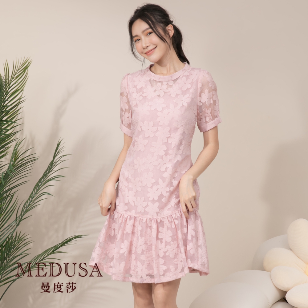 現貨【MEDUSA 曼度莎】粉紅花公主袖A字小禮服（M-XL）｜女裝 洋裝 嫘縈｜婚禮禮服