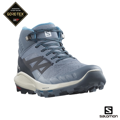 官方直營 Salomon 男 OUTpulse Goretex 中筒登山鞋 瓷器藍/碳黑/月球岩灰