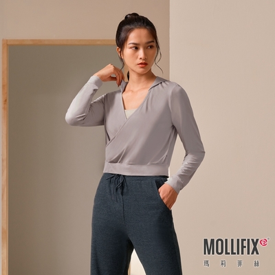 Mollifix 瑪莉菲絲 交疊連帽縮口長袖上衣 (藕灰) 暢貨出清、瑜珈服、帽T、大學T