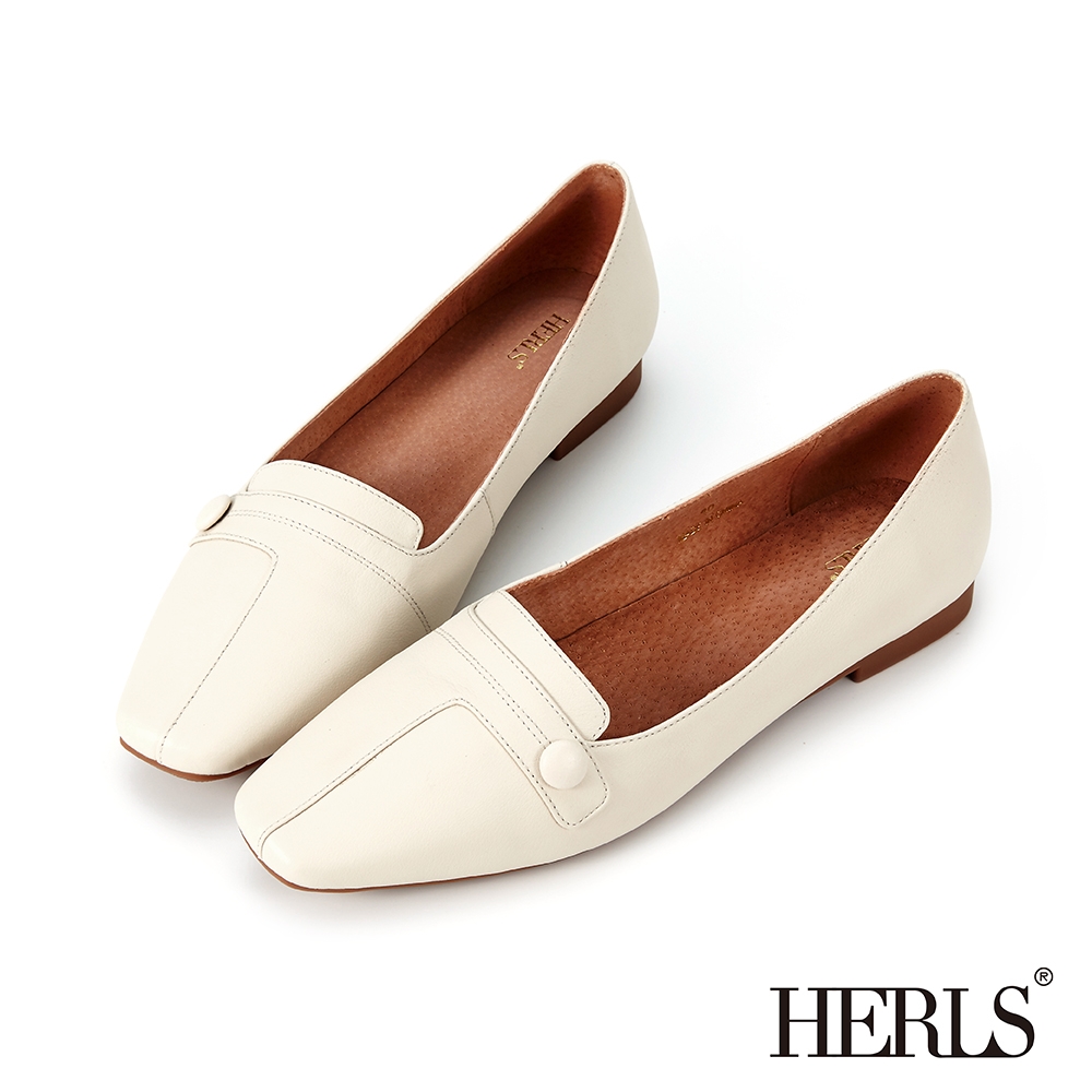 HERLS平底鞋 全真皮縫線拼接設計圓釦小方頭平底鞋 米白色