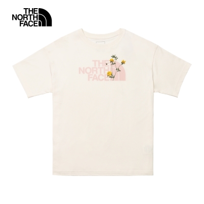 【The North Face 官方旗艦】北面女款米白色大尺寸品牌LOGO花卉印花寬鬆短袖T恤｜88G6QLI