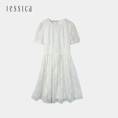 JESSICA - 甜美浪漫蕾絲褶皺寬裙擺短袖洋裝223277