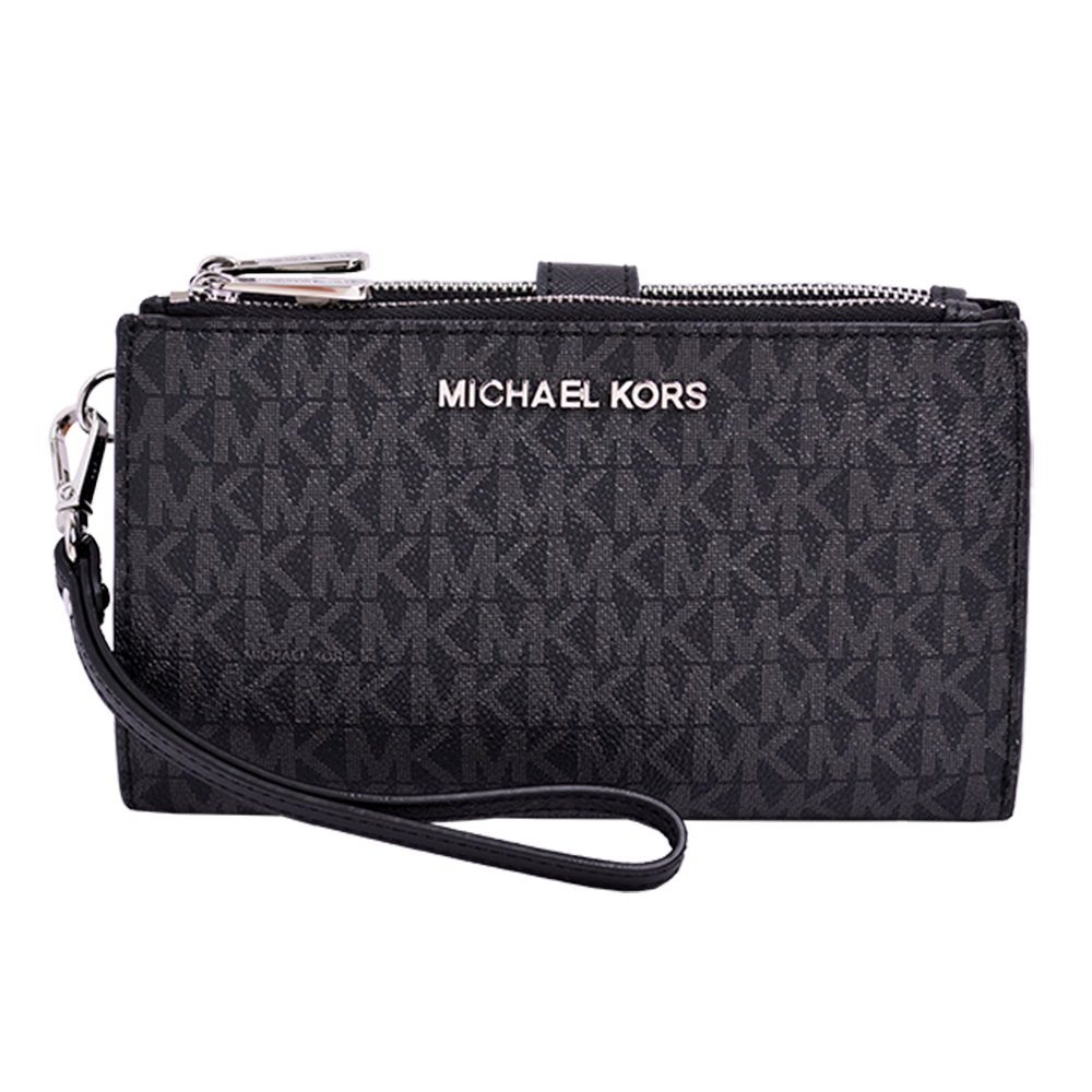 MICHAEL KORS JET SET銀字LOGO滿版防刮皮革雙層手拿長夾-黑