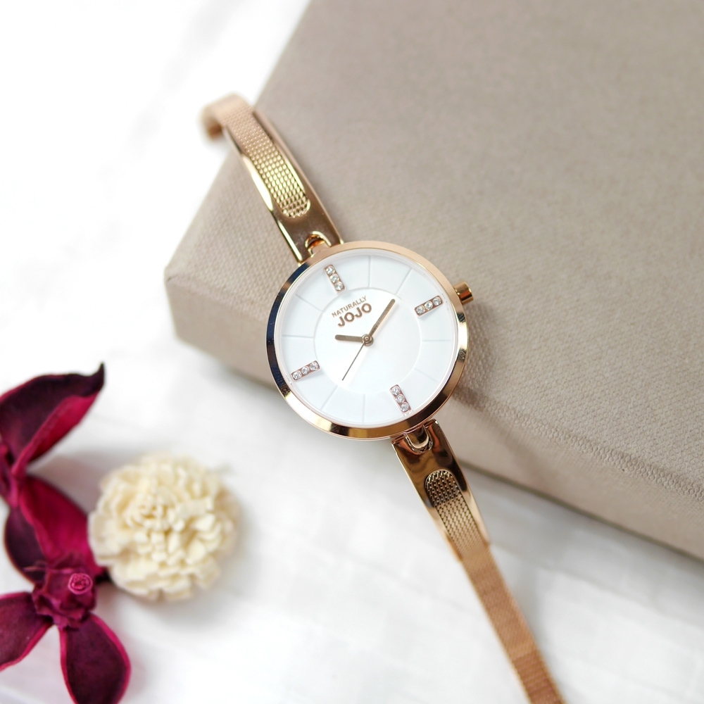 NATURALLY JOJO / 晶鑽刻度 米蘭編織不鏽鋼手錶-白x鍍玫瑰金/31mm