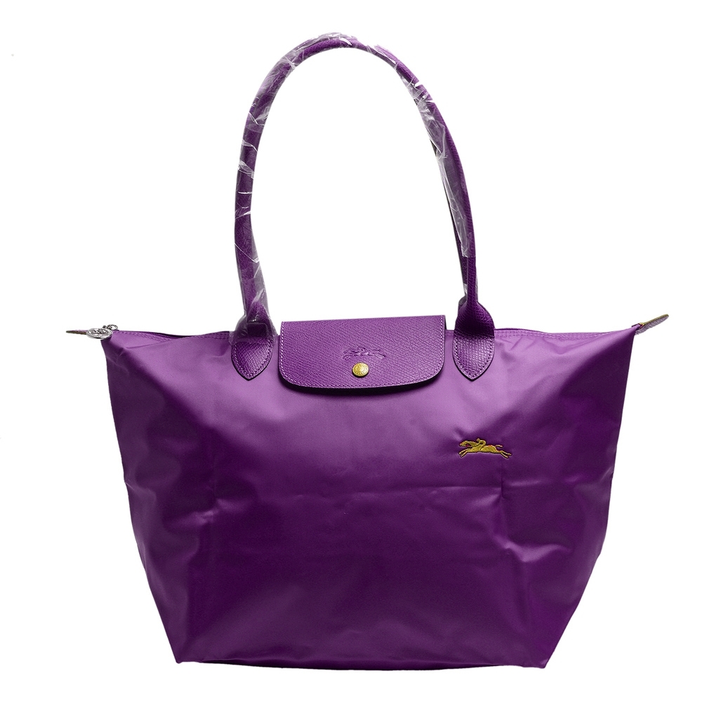 LONGCHAMP LE PLIAGE刺繡摺疊暗釦/拉鍊長提把尼龍水餃包(大-紫色)