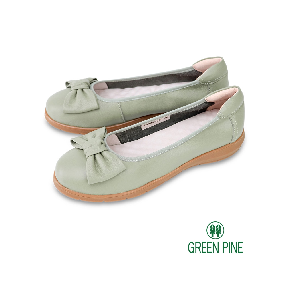 GREEN PINE升級版透氣蝴蝶結真皮厚底鞋綠色(00316582)