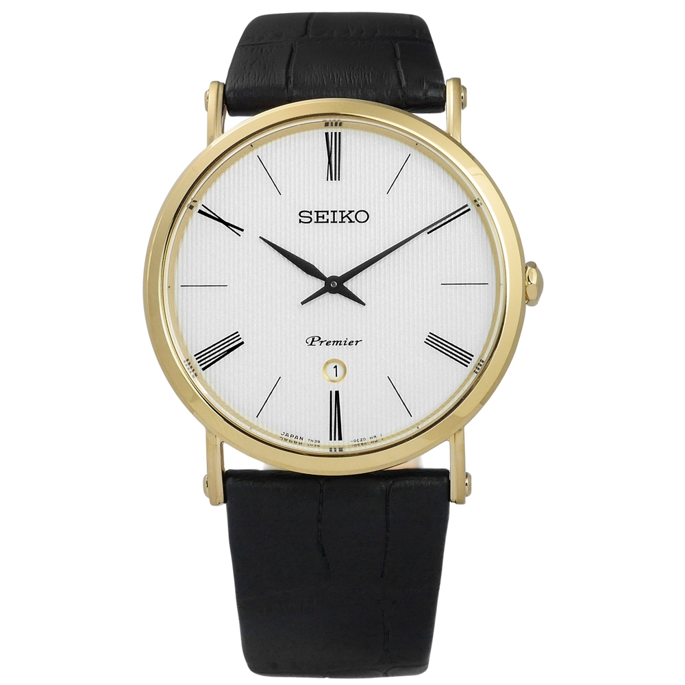 SEIKO 精工 Premier 羅馬 藍寶石水晶牛皮手錶-銀x金框x黑/41mm