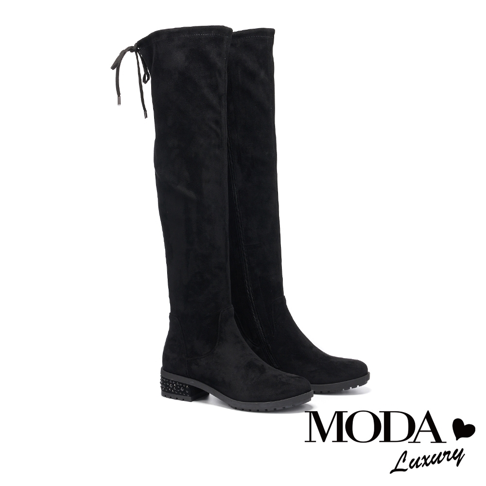 過膝靴 MODA Luxury 都市時尚彈力羊絨麂布燙鑽低跟過膝靴－黑