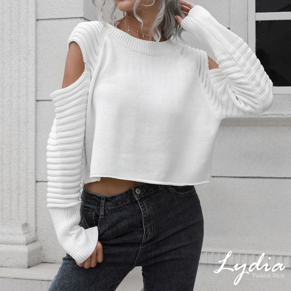 【Lydia】寬鬆百搭設計感露肩短版針織上衣(白/黑 F)