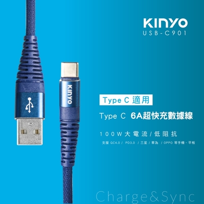 KINYO TpyeC 6A超快充線-1.2M USB-C901