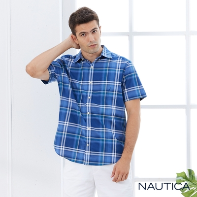 Nautica 男裝 撞色粗細條紋文青短袖襯衫-藍