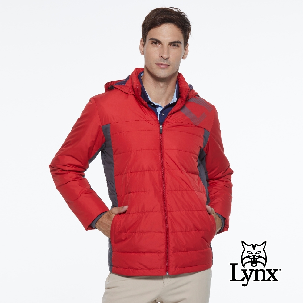 【Lynx Golf】男款防潑水防風保暖科技羽絨Lynx印花連帽可拆式長袖外套-紅色