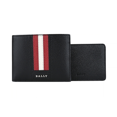 BALLY Tydan銀字LOGO紅白條紋荔枝紋牛皮6卡對折短夾(黑)