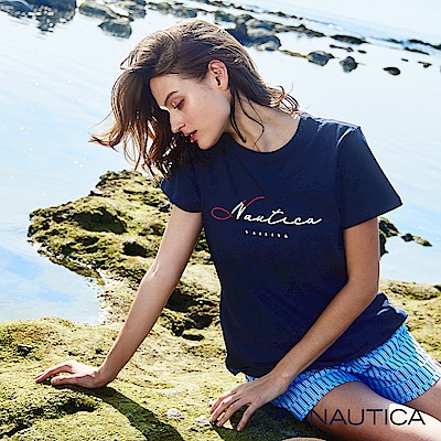 Nautica女裝 修身品牌文字LOGO圓領短袖T恤-深藍