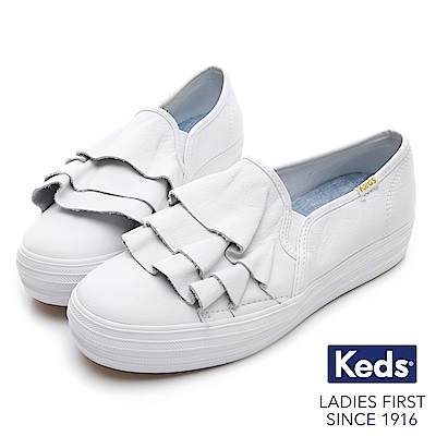 Keds TRIPLE RUFFLE 皮革荷葉休閒鞋-白