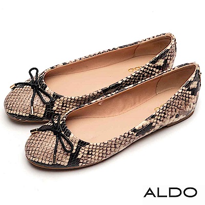 ALDO 原色真皮鞋面佐金屬蝴蝶結娃娃鞋~性感蛇紋