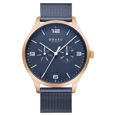 OBAKU 雋永時刻雙眼經典腕錶-玫瑰金色x藍色-V249GMVLML-43mm