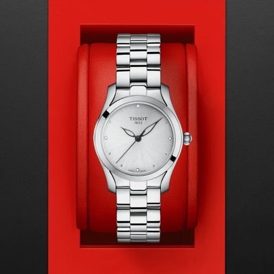 TISSOT天梭 官方授權 T-WAVE簡約經典真鑽腕錶-銀 母親節 禮物 30mm/T1122101103600