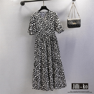 JILLI-KO V領棉花圖案包扣泡泡袖高腰連衣裙- 黑/紅