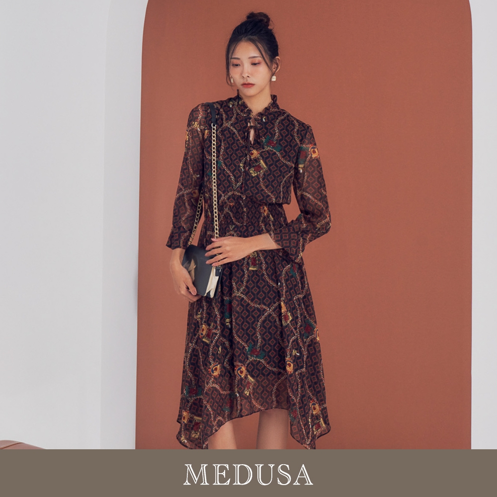 現貨【MEDUSA 曼度莎】復古鎖鏈印花雪紡洋裝（M-XL）｜長洋裝 連身長裙