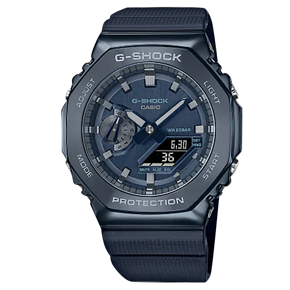 G-SHOCK CASIO 卡西歐軍事風格八角金屬雙顯防水橡膠手錶-藍色/45mm | G