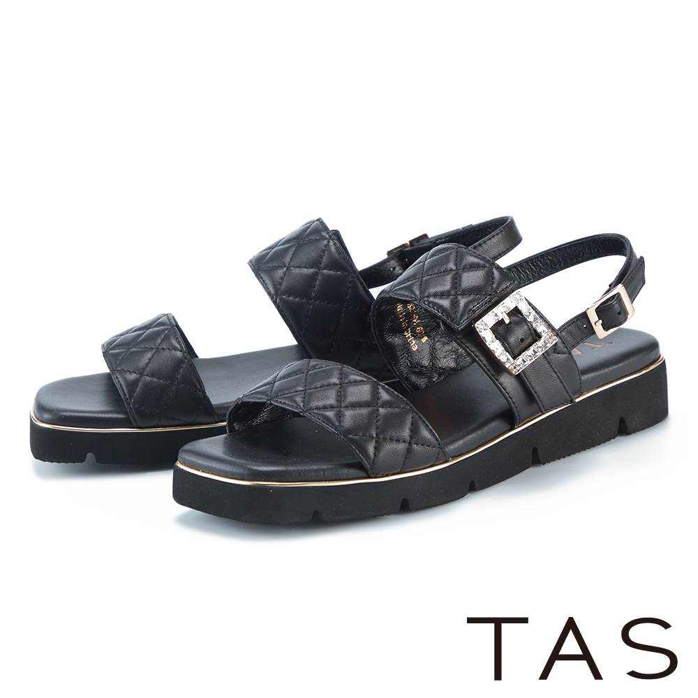 TAS 水鑽飾釦菱格縫線真皮厚底涼鞋 黑色