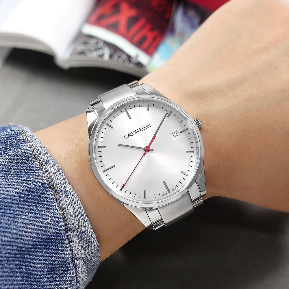 CK 率性紳士 都會時尚 礦石強化玻璃 日期 不鏽鋼手錶-銀色/40mm