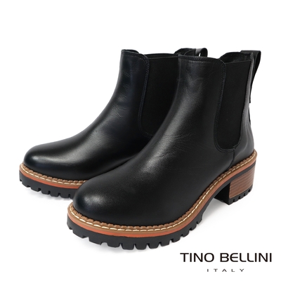 Tino Bellini 西班牙進口牛皮切爾西中低跟短靴FWNT031-黑