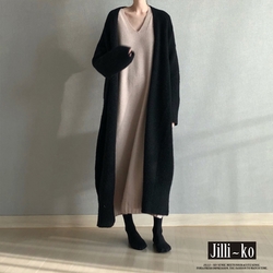 JILLI-KO 韓版長款針織開衫外套- 黑/灰