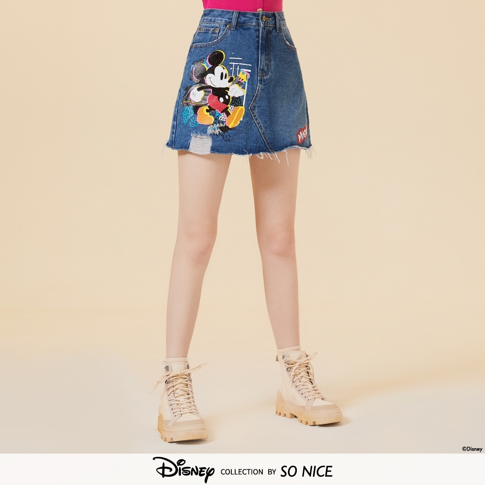 迪士尼系列sonice繽紛米奇造型抽鬚牛仔裙 褲裙 Yahoo奇摩購物中心