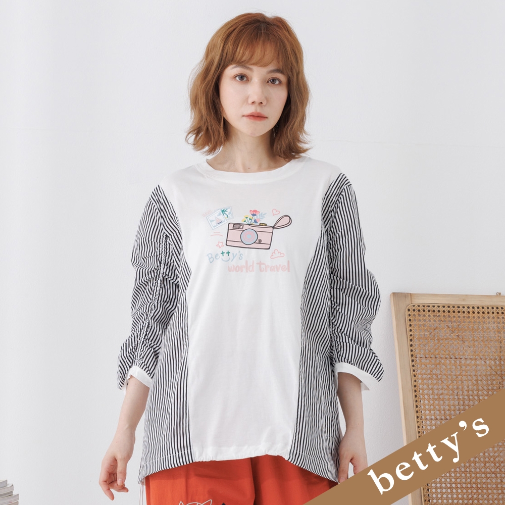 betty’s貝蒂思　條紋拼接下擺抽繩七分袖T-shirt(白色)