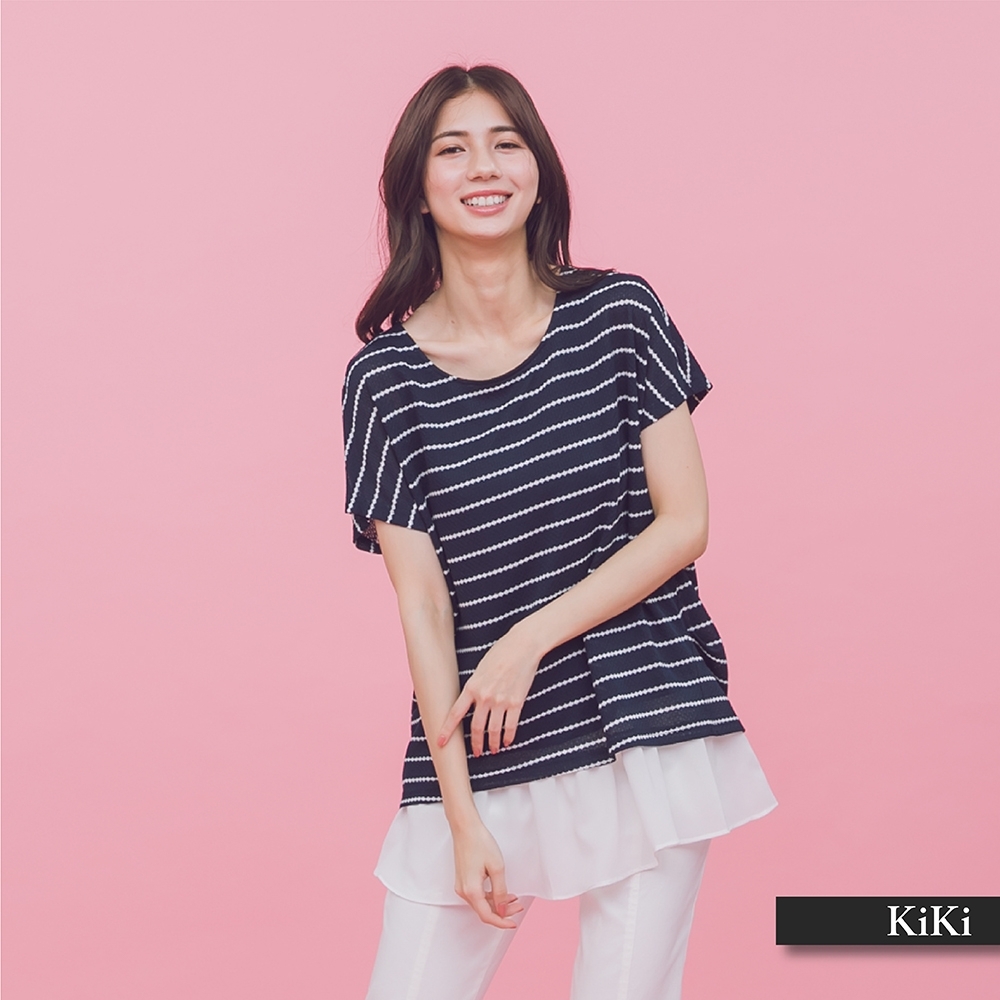 【KiKi】下襬雪紡造型條紋-上衣(白色)