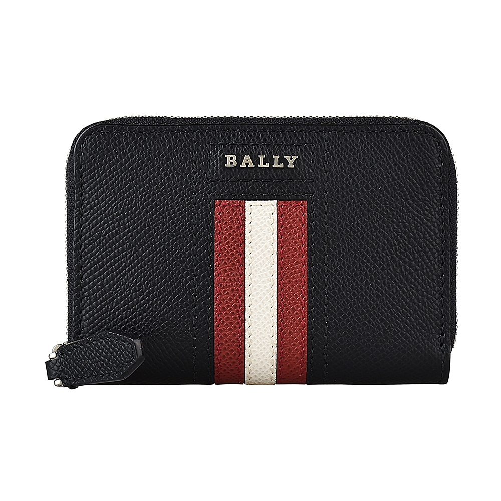 BALLY TIVY銀字LOGO紅白紅條紋牛皮2卡拉鍊零錢包(黑)