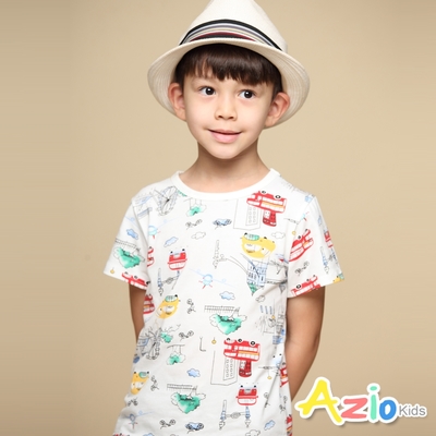 【Azio Kids 美國派】男童 上衣 滿版交通工具彩色塗鴉印花短袖上衣T恤(白)